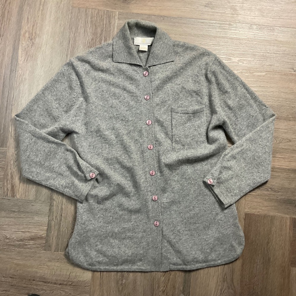 Vintage QVC Precious Fibers 100% Cashmere Collar Cardigan Top Womens Small Gray